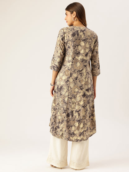 Beige Abstract Printed A - Line Kurta