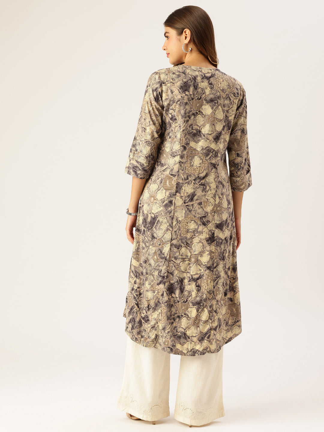 Beige Abstract Printed A - Line Kurta