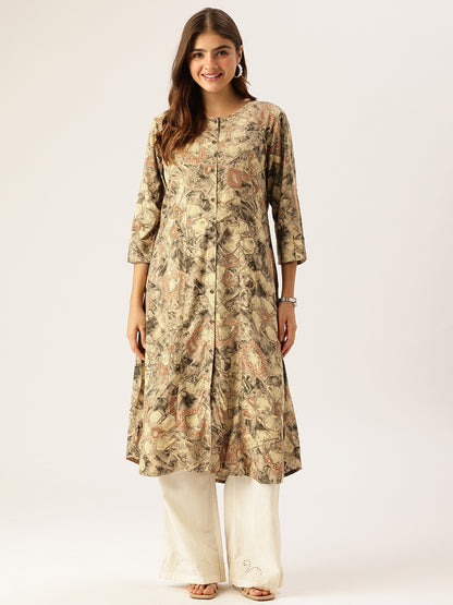 Beige Abstract Printed A - Line Kurta