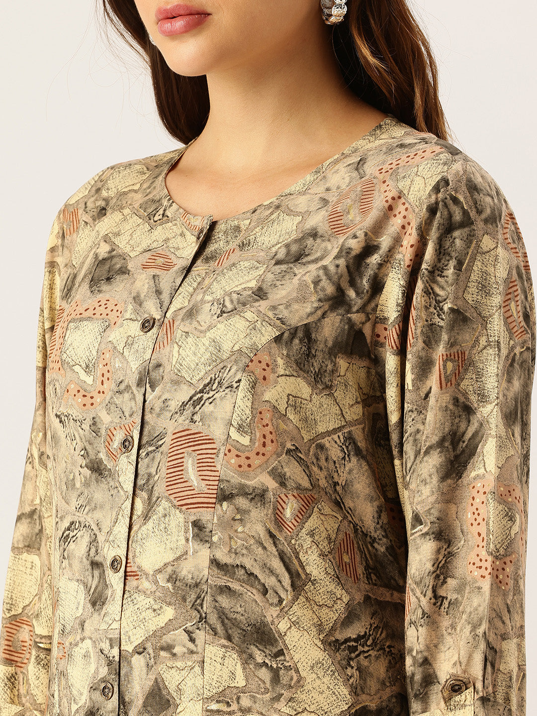 Beige Abstract Printed A - Line Kurta