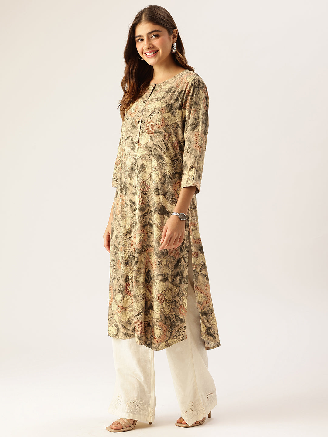 Beige Abstract Printed A - Line Kurta