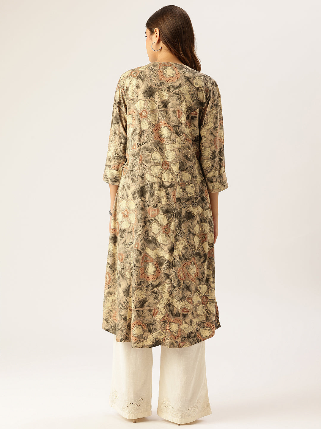 Beige Abstract Printed A - Line Kurta
