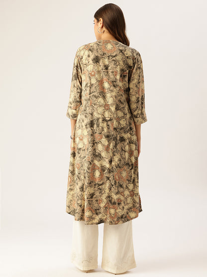 Beige Abstract Printed A - Line Kurta