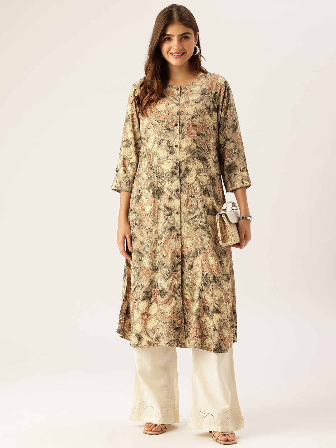 Beige Abstract Printed A - Line Kurta