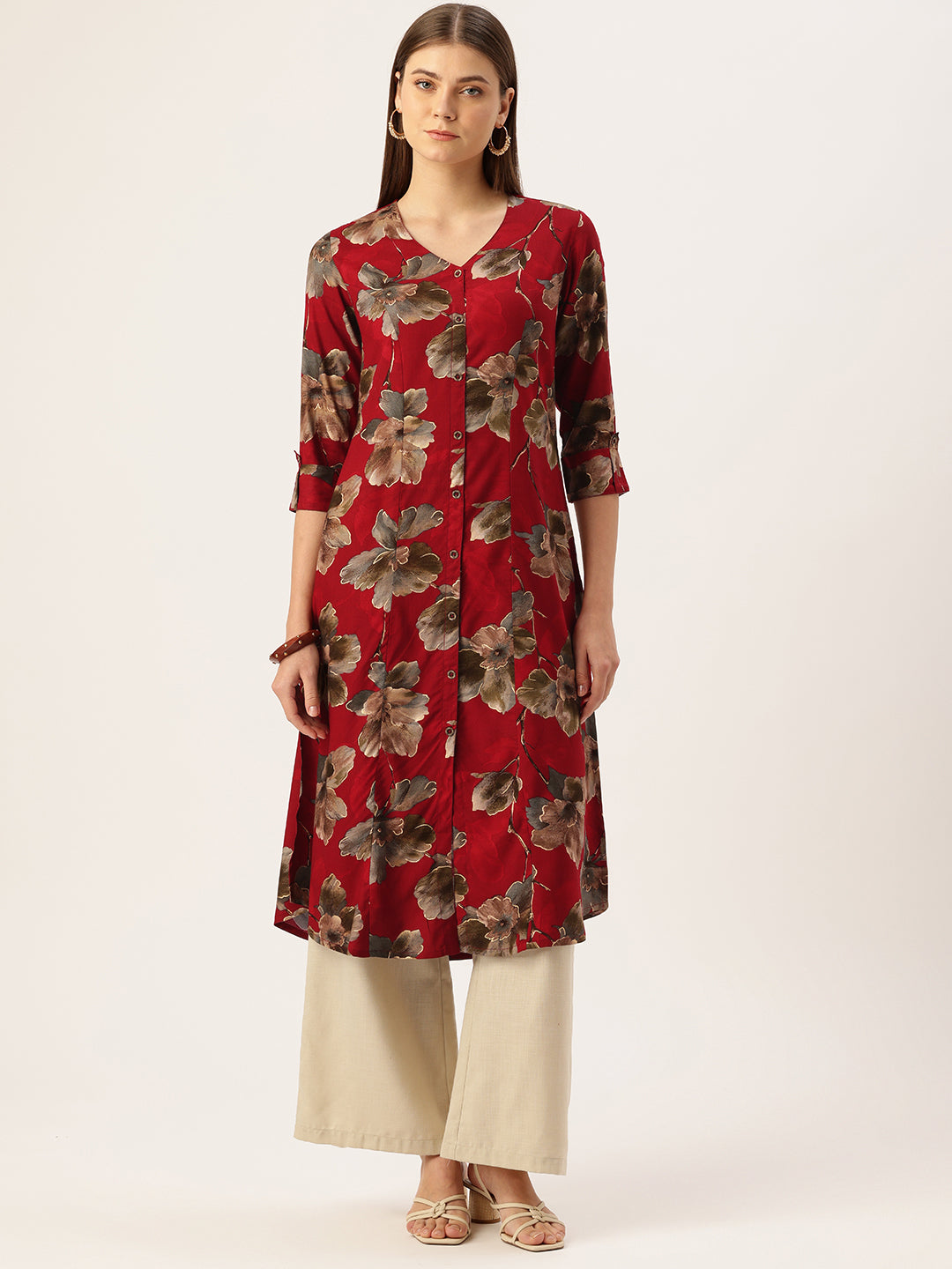Red V - Neck Floral Printed A - Line Kurta