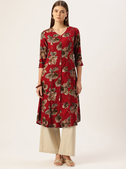 Red V - Neck Floral Printed A - Line Kurta