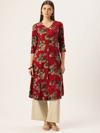 Red V - Neck Floral Printed A - Line Kurta