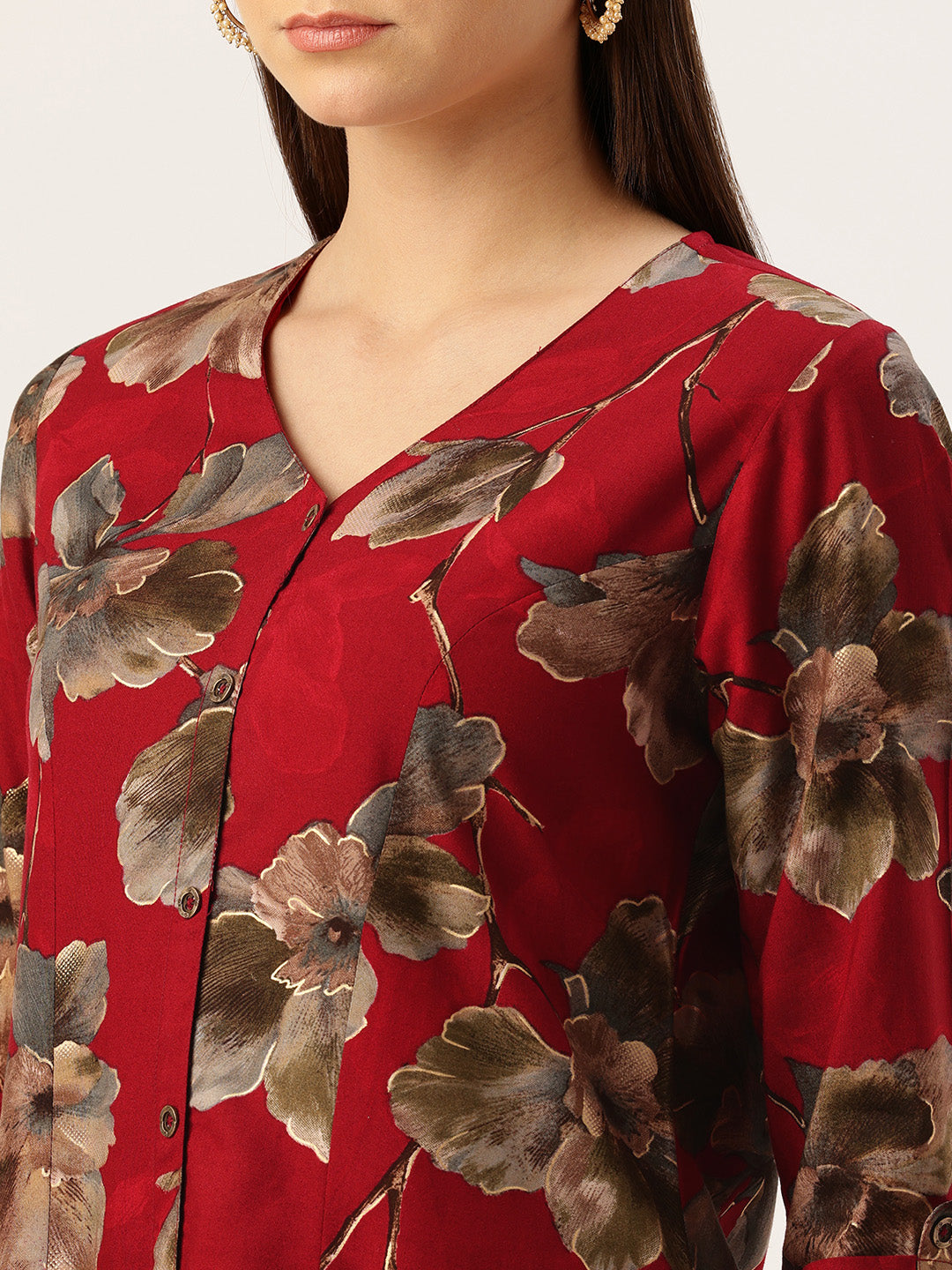 Red V - Neck Floral Printed A - Line Kurta