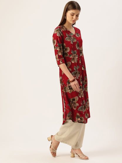 Red V - Neck Floral Printed A - Line Kurta