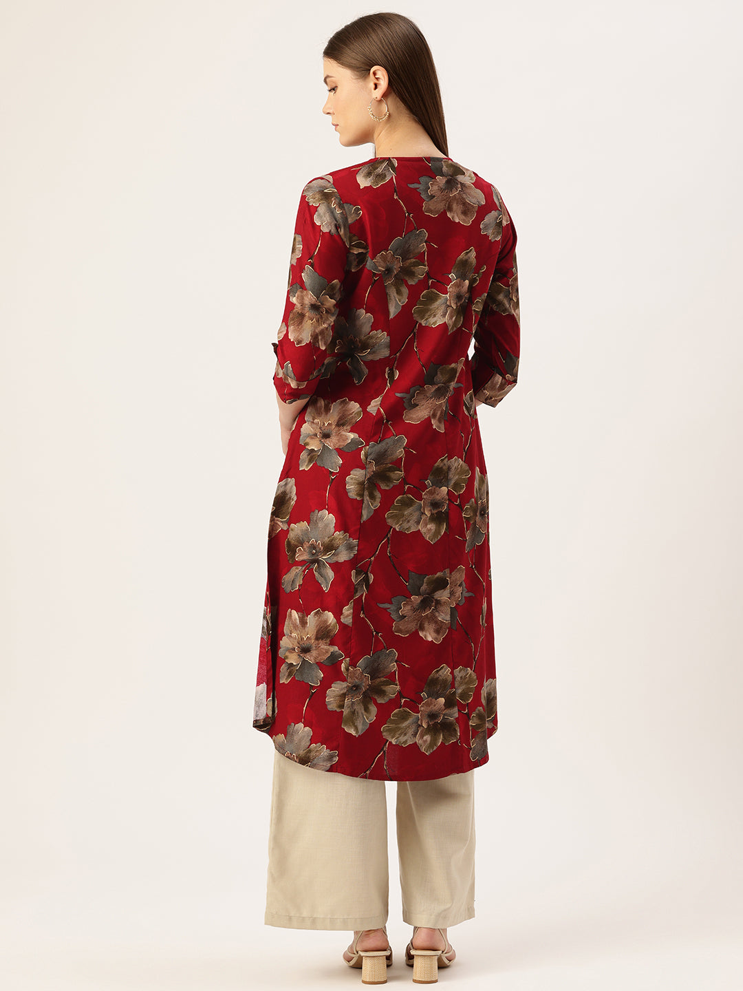 Red V - Neck Floral Printed A - Line Kurta