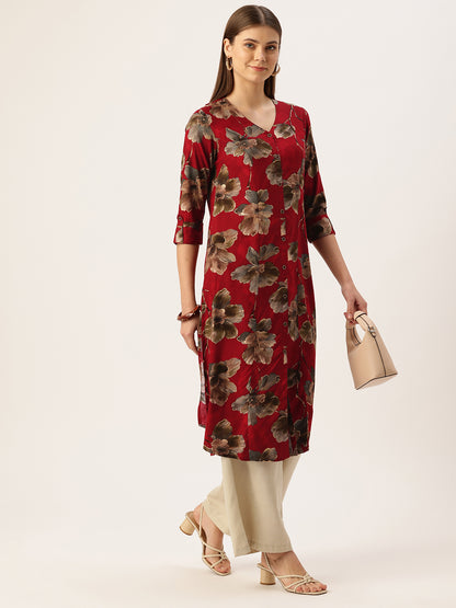 Red V - Neck Floral Printed A - Line Kurta