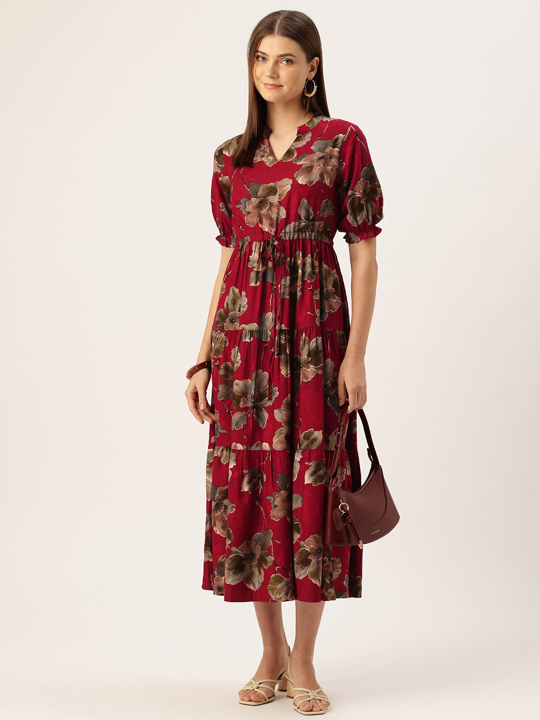 Red Floral Printed Fit & Flare Midi Tiered Ethnic Dress
