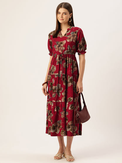 Red Floral Printed Fit & Flare Midi Tiered Ethnic Dress
