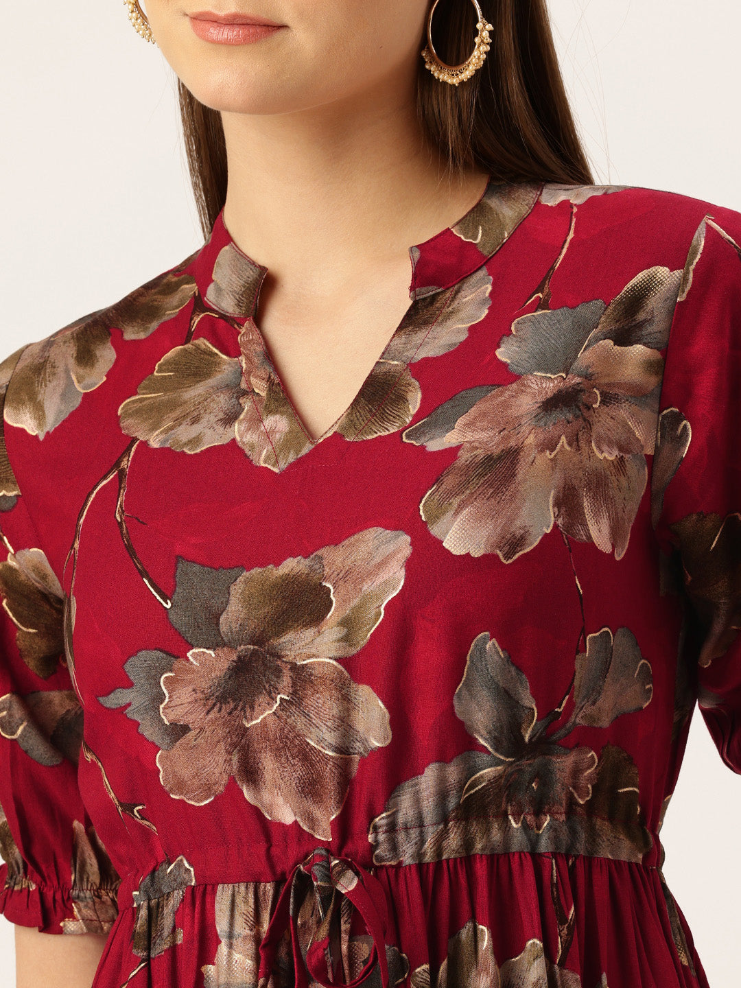 Red Floral Printed Fit & Flare Midi Tiered Ethnic Dress