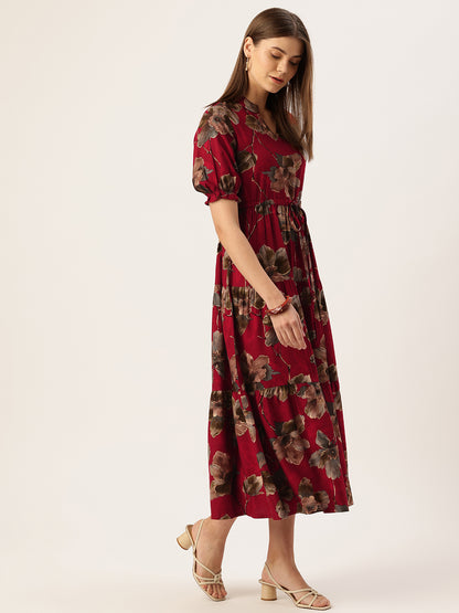 Red Floral Printed Fit & Flare Midi Tiered Ethnic Dress