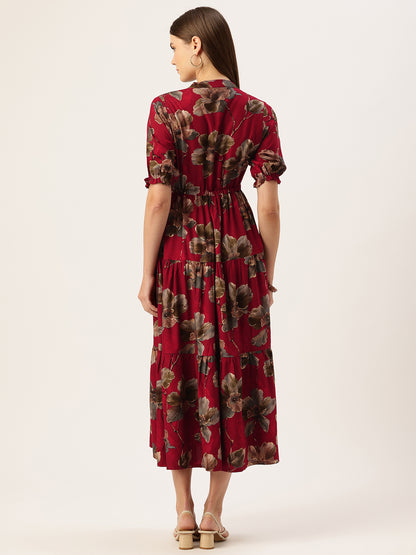 Red Floral Printed Fit & Flare Midi Tiered Ethnic Dress