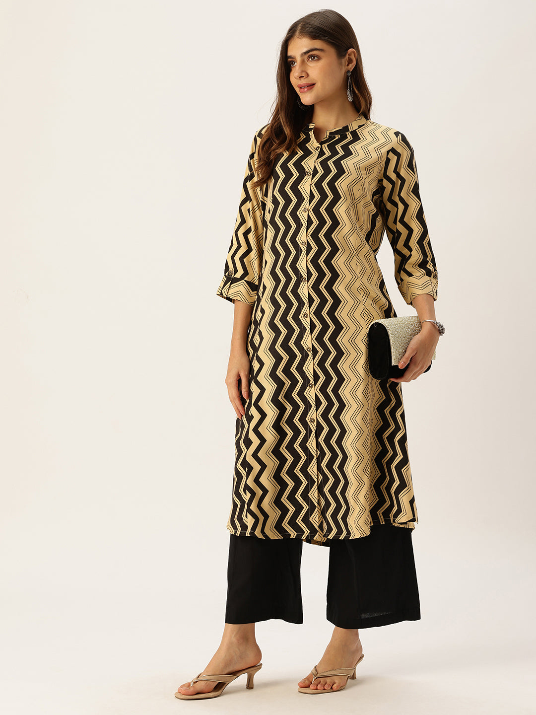 Black & Beige Zig-Zag Printed A-Line Kurta