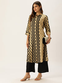 Black & Beige Zig-Zag Printed A-Line Kurta