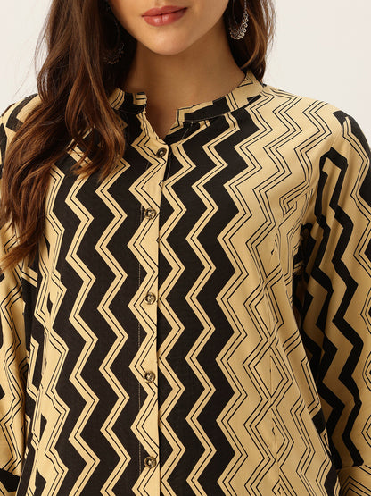 Black & Beige Zig-Zag Printed A-Line Kurta