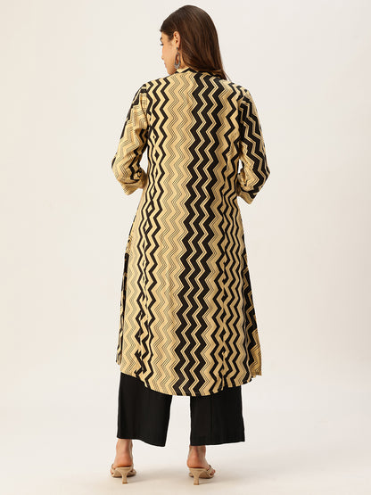 Black & Beige Zig-Zag Printed A-Line Kurta