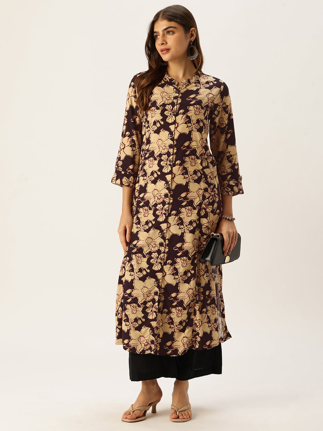 Beige & Black Floral Printed A - Line Kurta