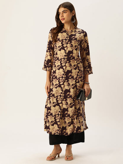 Beige & Black Floral Printed A - Line Kurta