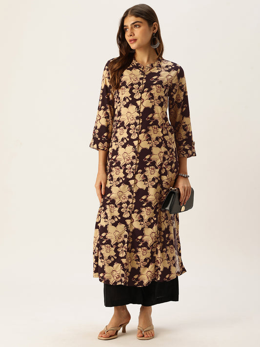 Beige & Black Floral Printed A - Line Kurta