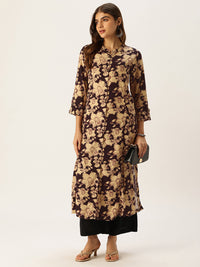 Beige & Black Floral Printed A - Line Kurta