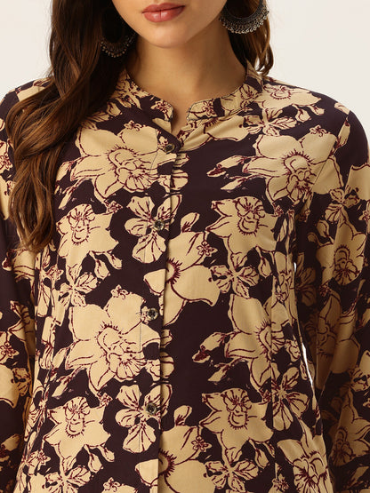 Beige & Black Floral Printed A - Line Kurta