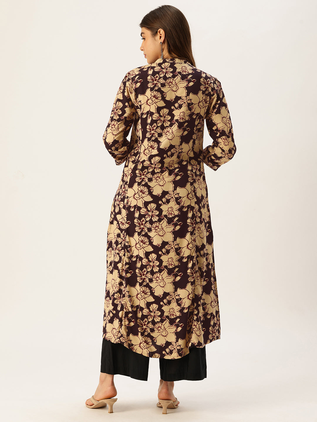Beige & Black Floral Printed A - Line Kurta