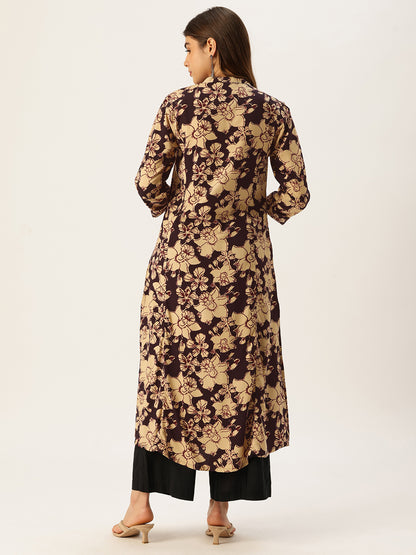 Beige & Black Floral Printed A - Line Kurta