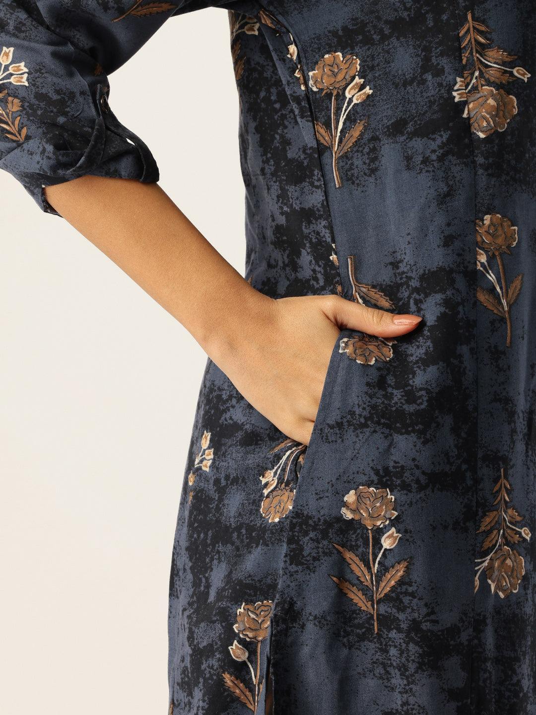 Cadet Blue Floral Printed A - Line Kurta