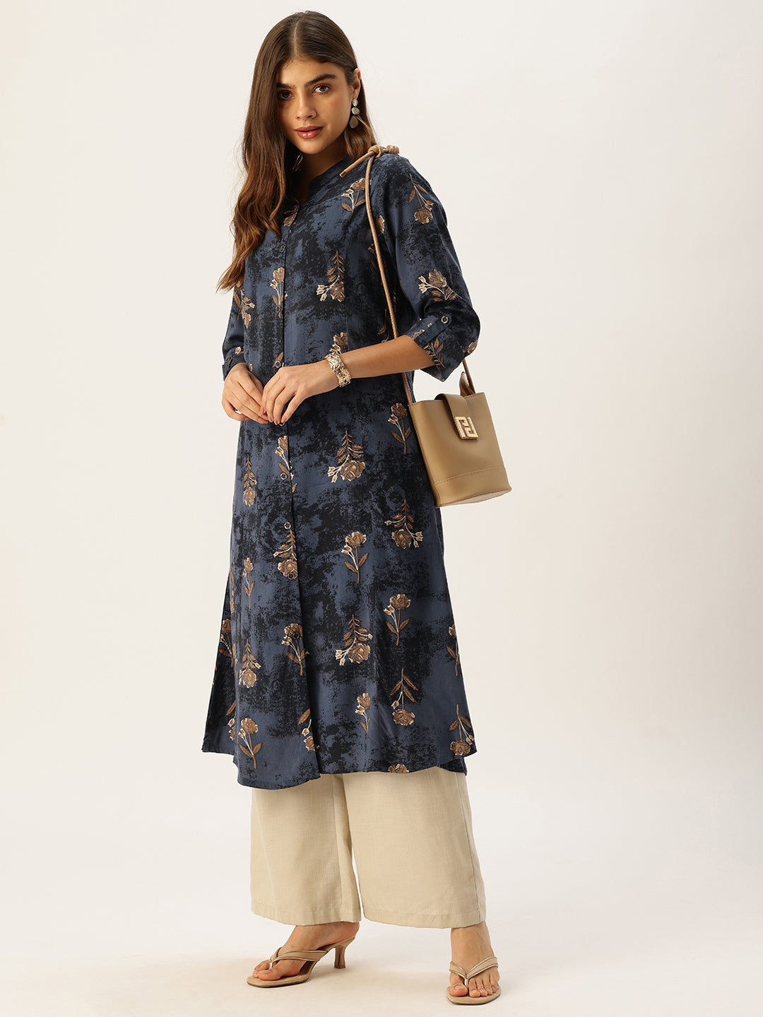 Cadet Blue Floral Printed A - Line Kurta
