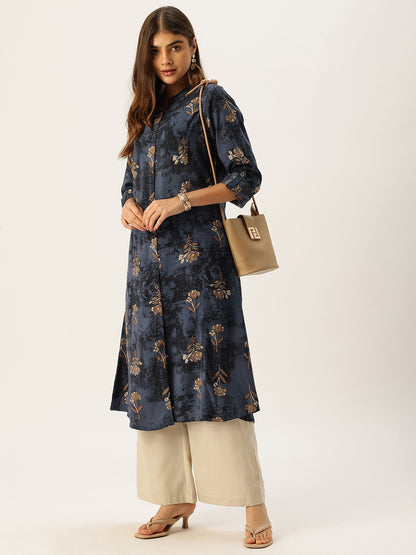 Cadet Blue Floral Printed A - Line Kurta