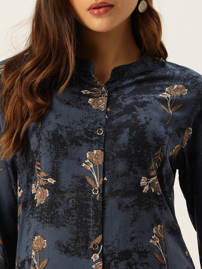 Cadet Blue Floral Printed A - Line Kurta