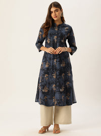 Cadet Blue Floral Printed A - Line Kurta