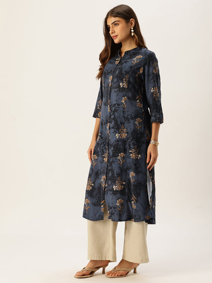 Cadet Blue Floral Printed A - Line Kurta
