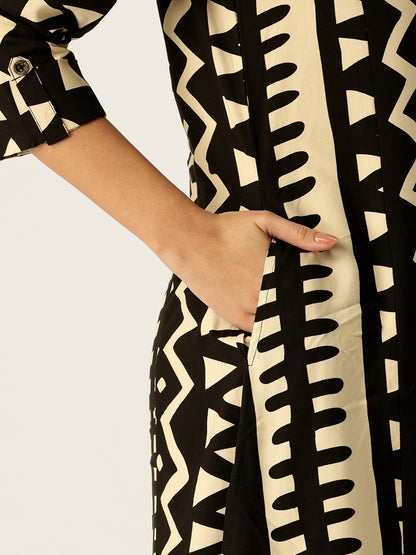 Beige & Black Geometric Printed A - Line Kurta