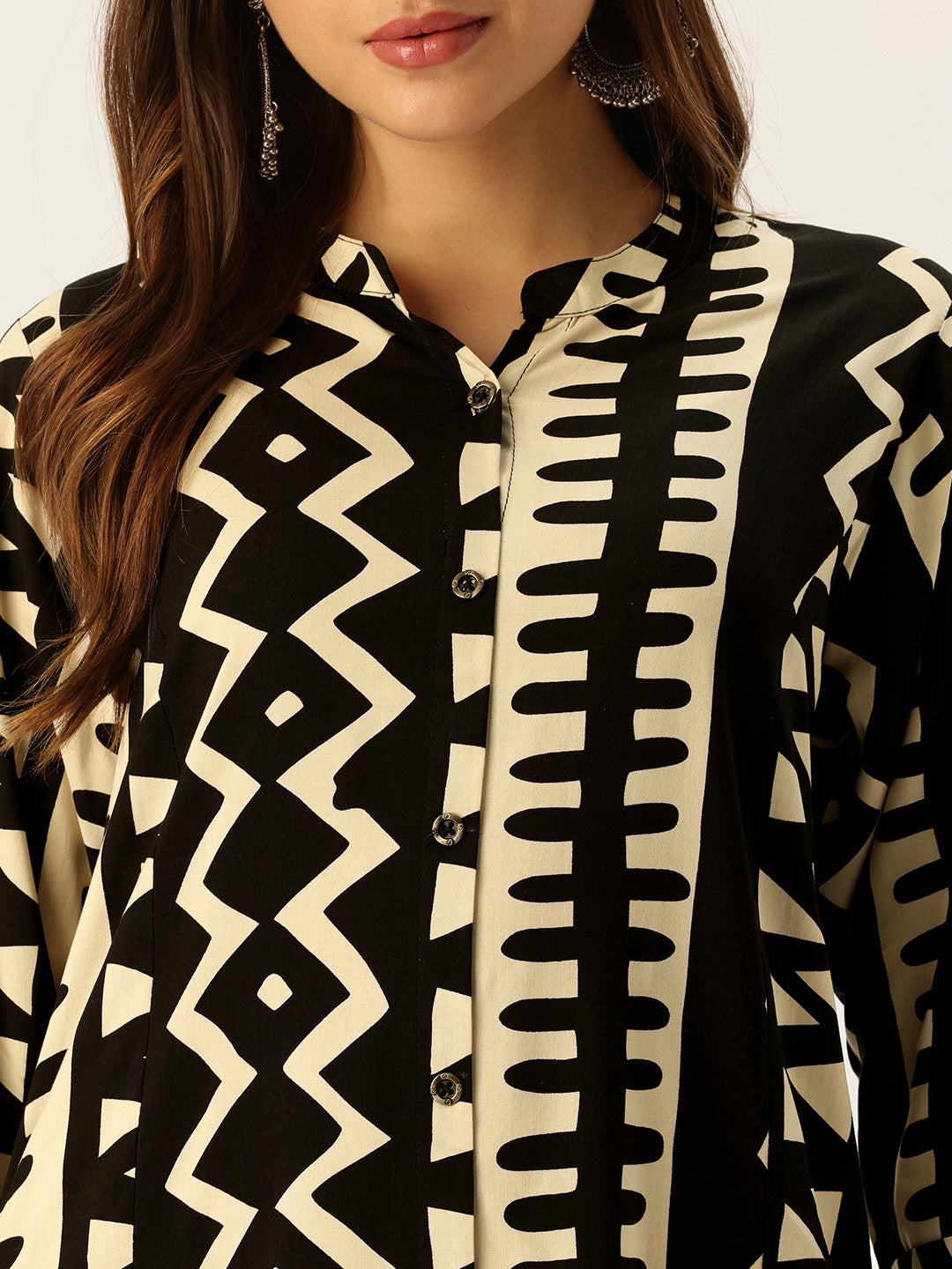 Beige & Black Geometric Printed A - Line Kurta