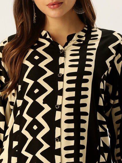 Beige & Black Geometric Printed A - Line Kurta
