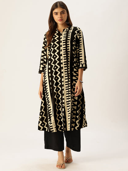 Beige & Black Geometric Printed A - Line Kurta