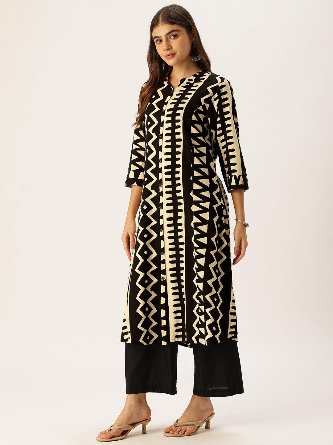 Beige & Black Geometric Printed A - Line Kurta
