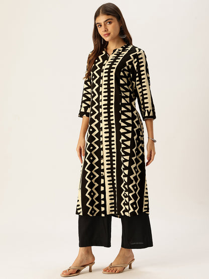 Beige & Black Geometric Printed A - Line Kurta