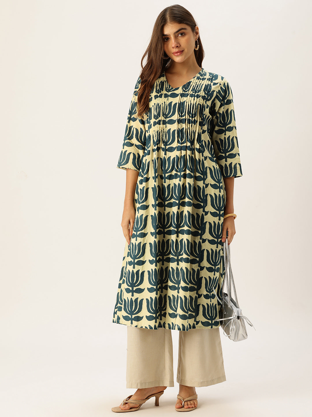 Beige With Blue Kamal Printed Kurta
