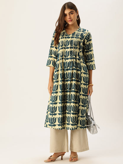 Beige With Blue Kamal Printed Kurta