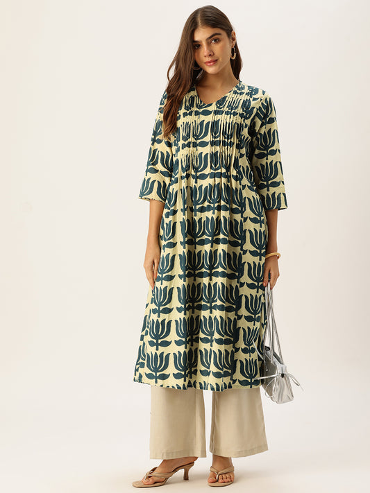 Beige With Blue Kamal Printed Kurta