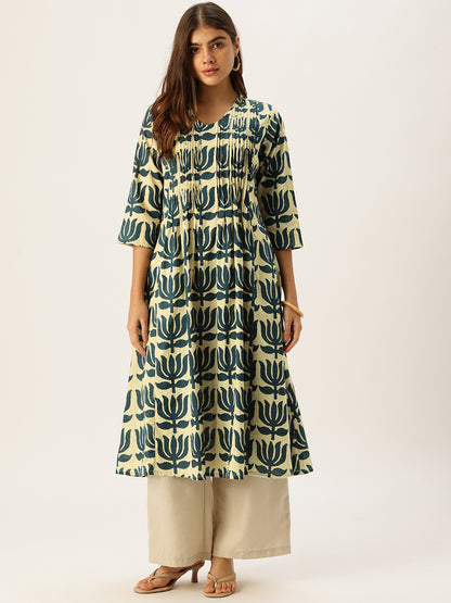 Beige With Blue Kamal Printed Kurta