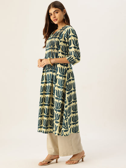 Beige With Blue Kamal Printed Kurta