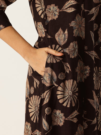 Wine & Beige V - Neck Floral Printed A - Line Kurta