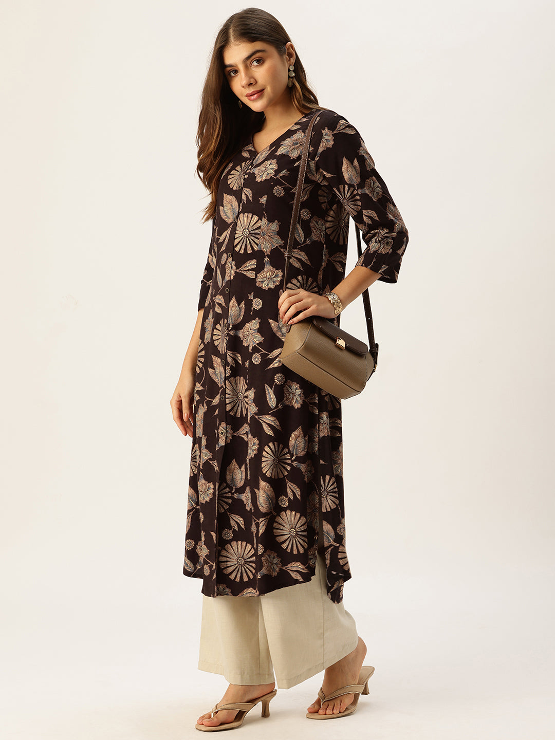 Wine & Beige V - Neck Floral Printed A - Line Kurta